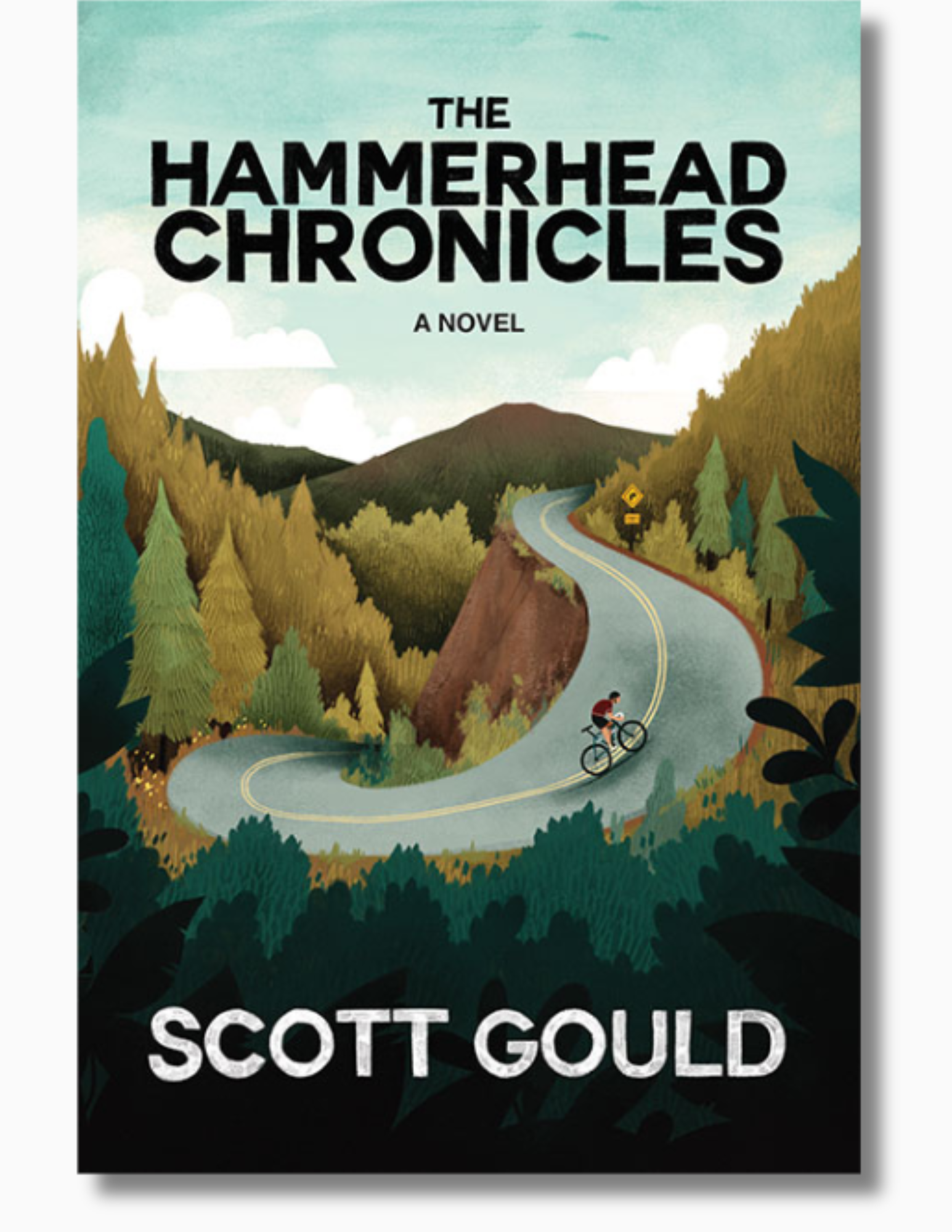 Cover of The Hammerhead Chronicles by Scott Gould. The cover features a winding mountain road surrounded by trees with a cyclist riding along it.