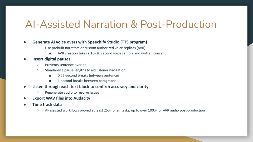 Presentation Slide 3: AI-Assisted Narration & Post-Production. Slide outlining the narration workflow using Speechify Studio and Audacity, highlighting the creation of Authorized Voice Replicas (AVR), standardizing pauses between sentences and paragraphs, and efficiency gains of 25–100+% when working with AI or AVR narration versus human narration.