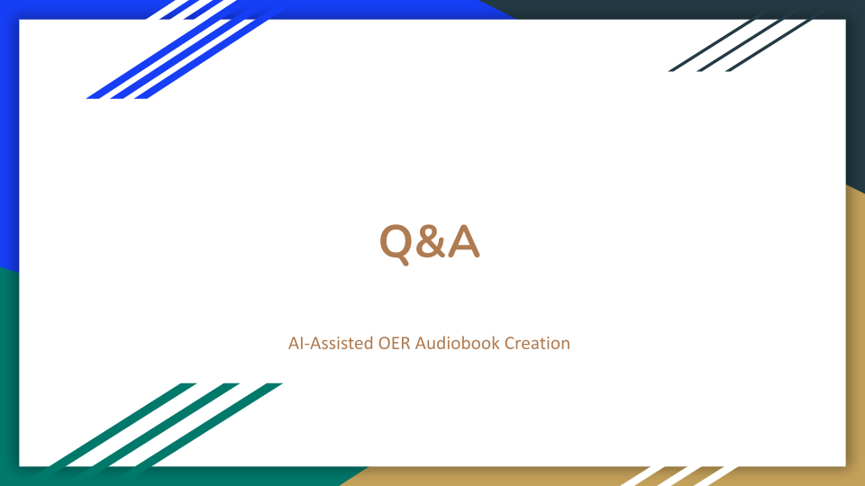 Presentation Slide 5. Text reads, "Q&A: AI-Assisted OER Audiobook Creation."